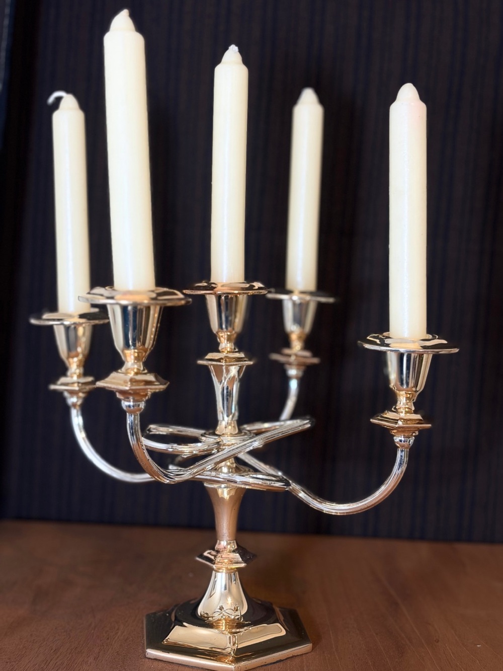 Vintage English Silver Plate 5 Arm Candelabra Candle Holder Two Tone.